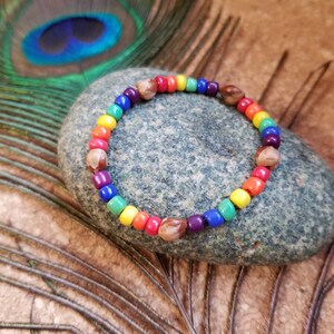 Peut inclure: Un bracelet en perles de couleur arc-en-ciel avec des perles en bois brun intercalées. Le bracelet repose sur une pierre grise et une plume de paon.