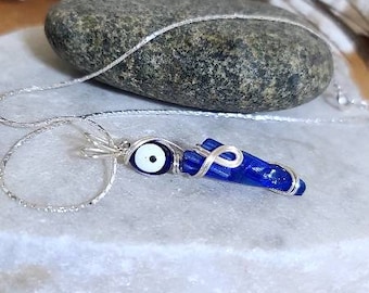 Cobalt blue Seaglass evil eye beaded pendant on a 16" chain