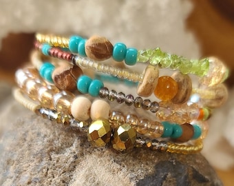 Calming Ghost bead turquoise protection bracelet crystals, picture jasper in a layered cuff
