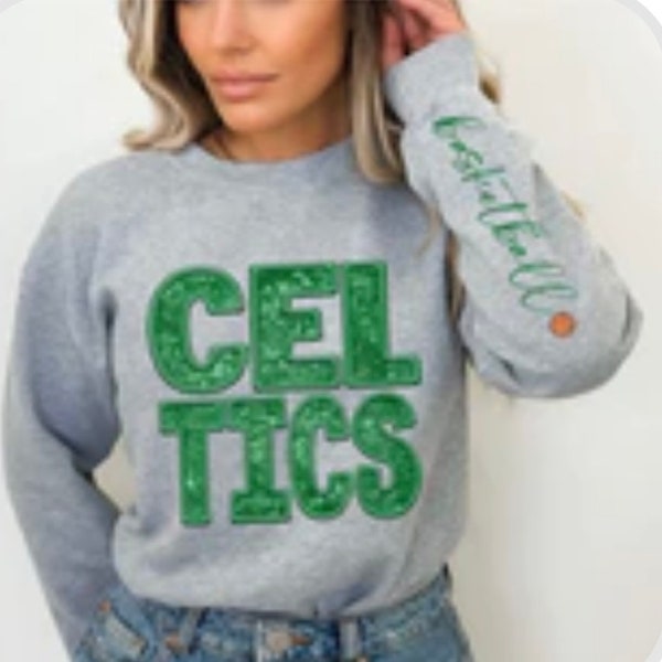 Celtics faux sequins crewneck with basketball on the sleeve