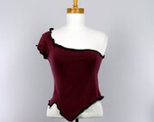 Bustier off the shoulder, fitted top with short sleeve, reversible burgundy top, sexy evening top