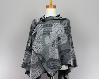 Versatile gray shawl, scarf and removable decorative brooch, recycled clothing, fair trade