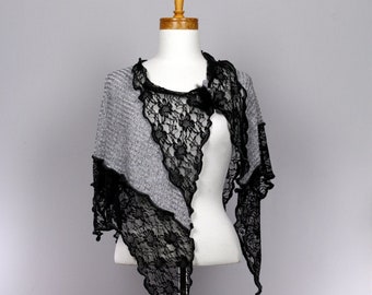 Silver gray shawl, black lace, shoulder cover, shoulder cover, shoulder warmer, bridal shawl, fair trade