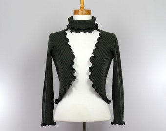 Green bolero, short open jacket, wrist warmer, removable collar, fair trade