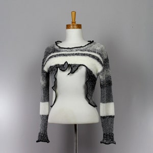 Grey white and black shrug, bolero with long sleeves, crop top, fair trade