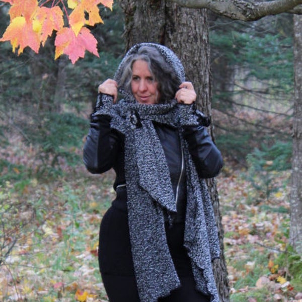 Black white hooded shawl and scarf, shoulder covers, hooded scarf, wrist warmer, hooded stole, hooded cape, bohemian shawl, brooch