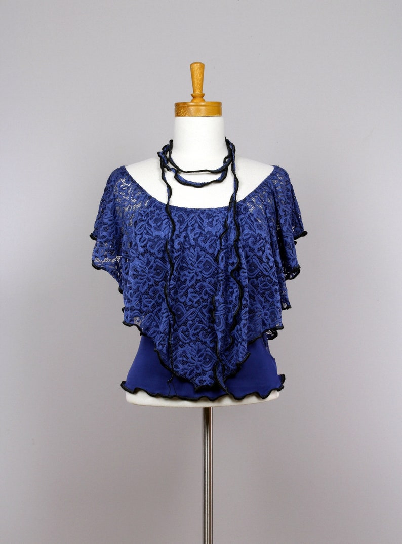 Blue off-the-shoulder lace blouse, sleeveless blouse, sweater with small necklace, party wear, boho shrug image 2