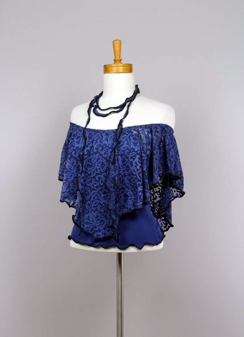 Blue off-the-shoulder lace blouse, sleeveless blouse, sweater with small necklace, party wear, boho shrug image 4