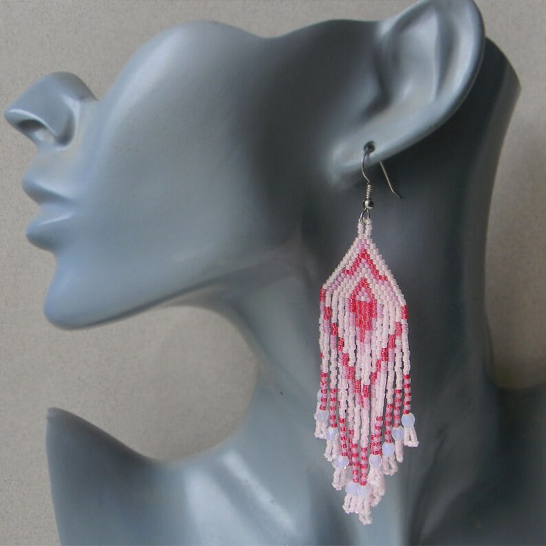 Pale pink seed bead earrings Long fringe beaded earrings Long Etsy