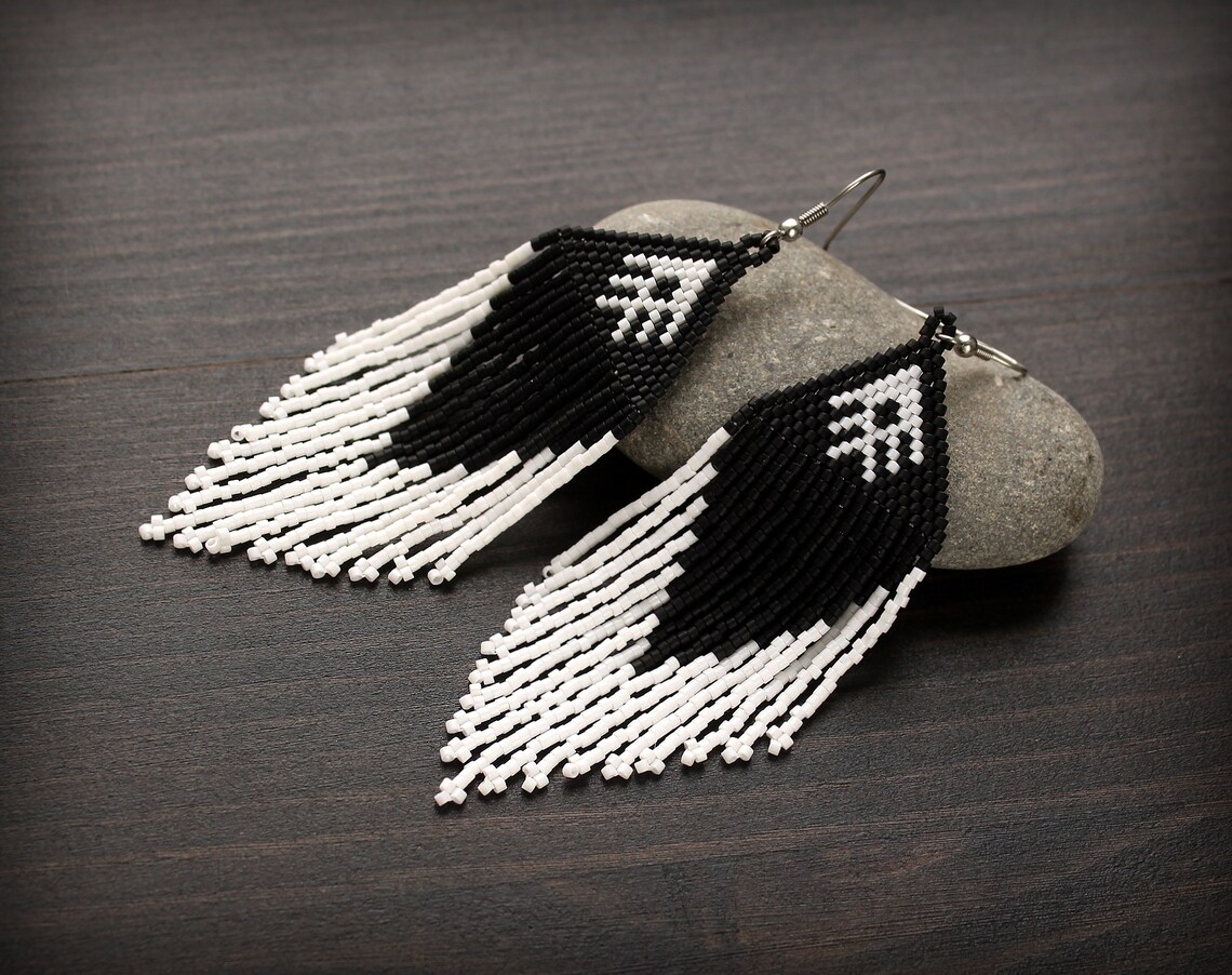 Black and white earrings Unique beaded earrings Long seed bead Etsy