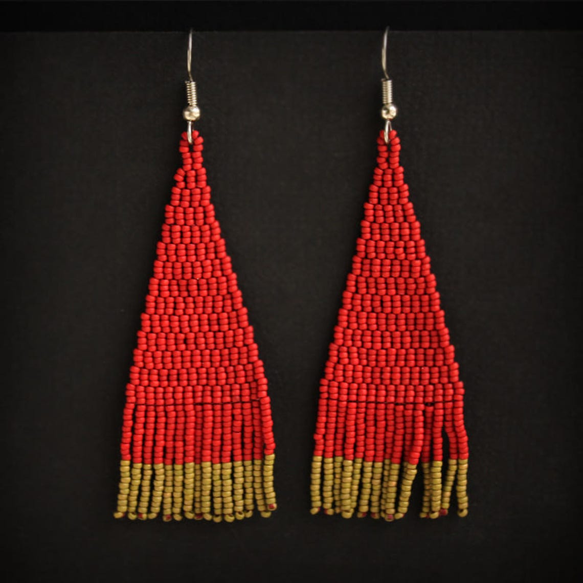 Dark red seed bead earrings Unusual bohemian earrings Long Etsy