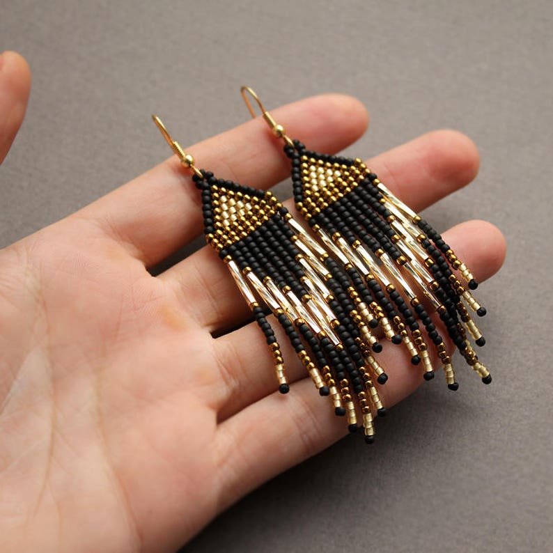 Black and gold seed bead earrings Long evening beaded earrings Etsy
