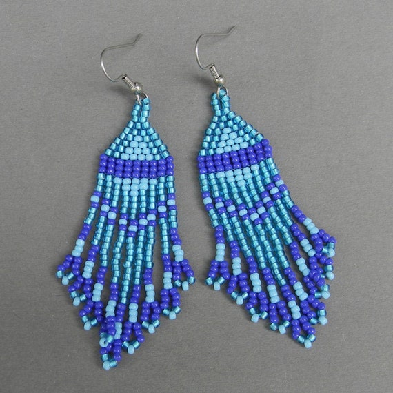 Blue seed bead earrings Boho beaded earrings Long dangle | Etsy