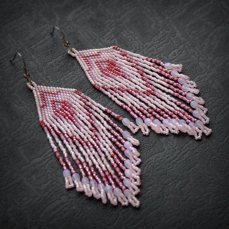 Pale pink seed bead earrings Long fringe beaded earrings Long Etsy
