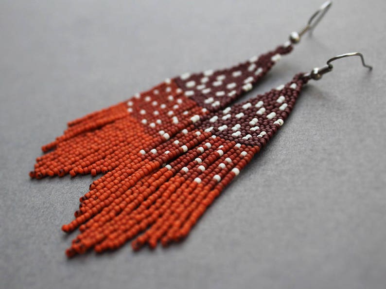 Long brown seed bead earrings Unusual beaded fringe earrings Cute dangle earrings for women Unique modern jewelry Nature inspired earrings