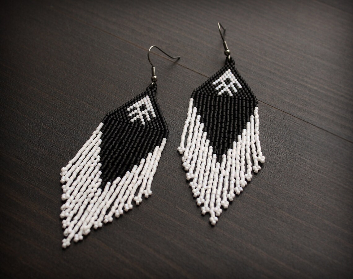 Black and white earrings Unique beaded earrings Long seed bead Etsy