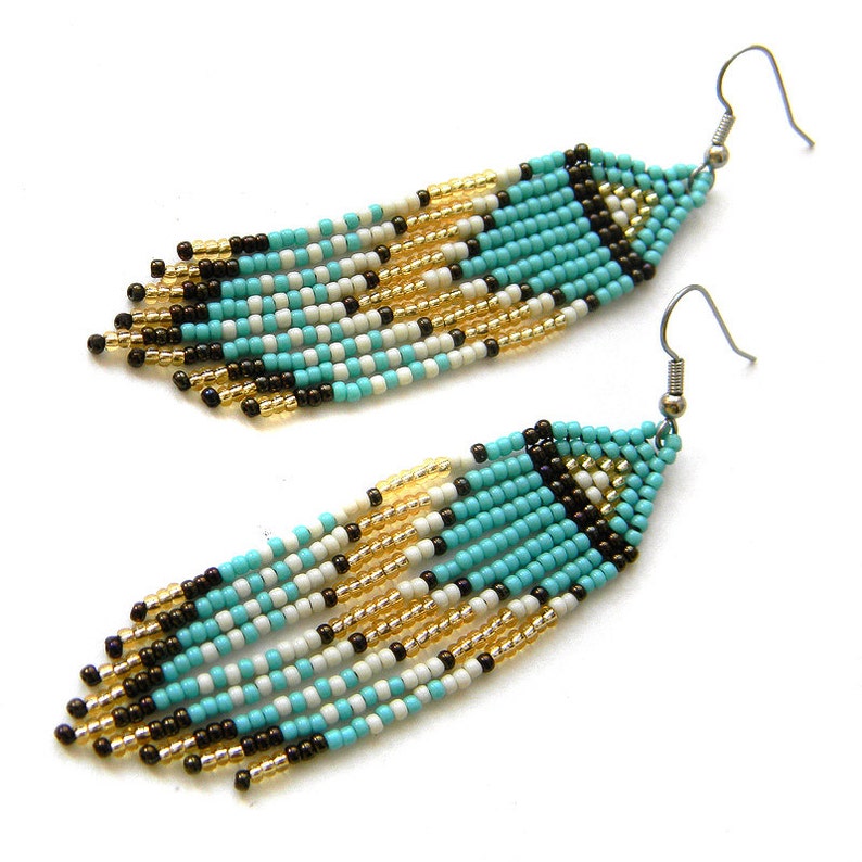 Turquoise long seed bead earrings Handmade beaded earrings | Etsy