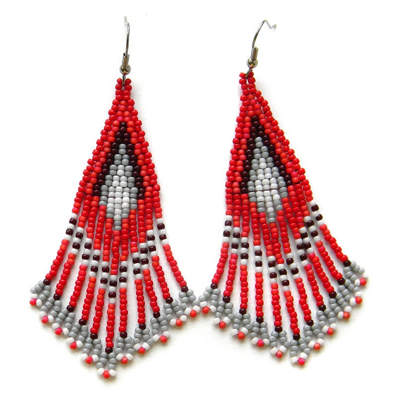 Red seed bead dangle earrings with fringe Long beaded tassel Etsy