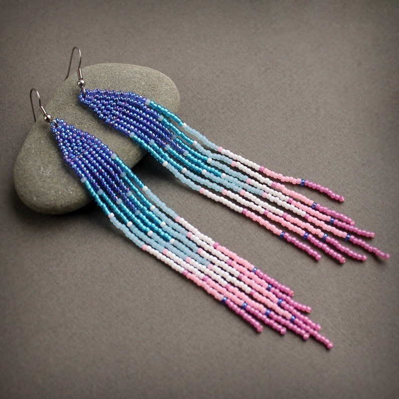 Boho seed bead earrings Extra long beaded earrings Fringe Etsy