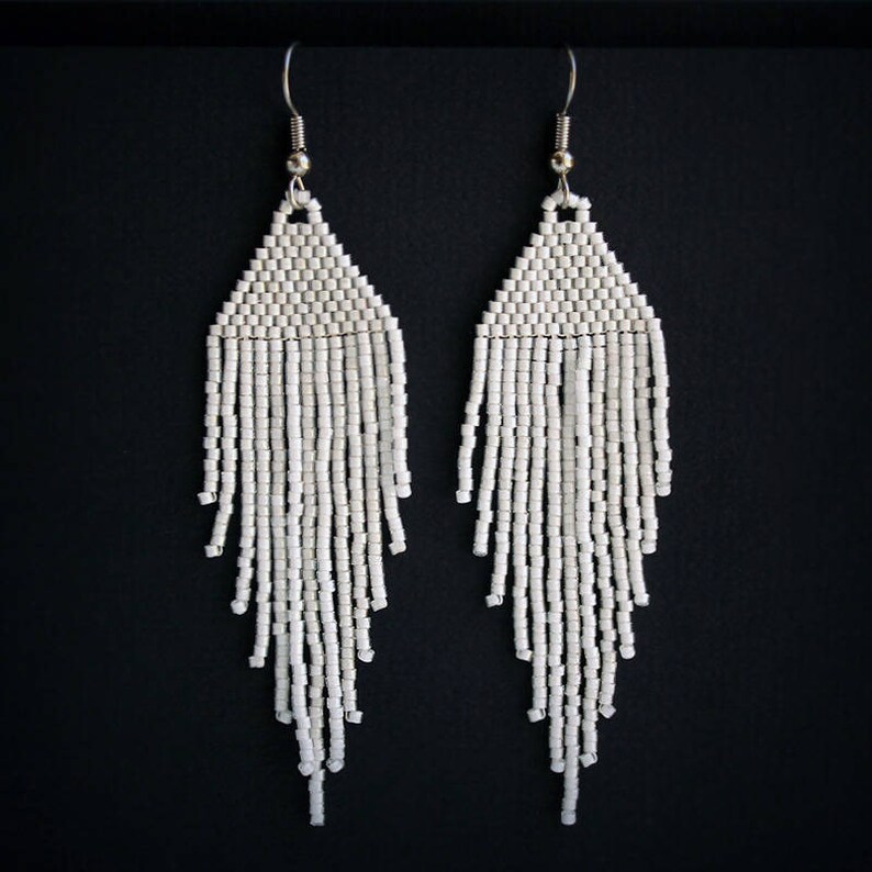 Long White Seed Bead Earrings White Earrings Fashion Jewelry Etsy