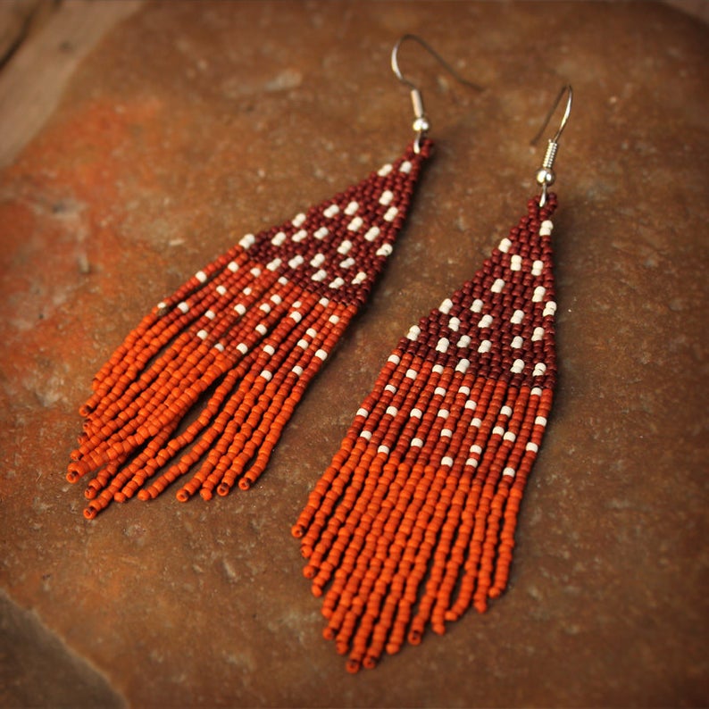 Long brown seed bead earrings Unusual beaded fringe earrings Cute dangle earrings for women Unique modern jewelry Nature inspired earrings