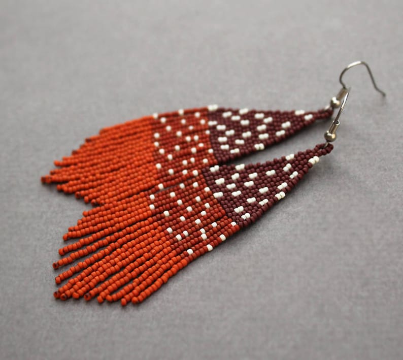 Long brown seed bead earrings Unusual beaded fringe earrings Cute dangle earrings for women Unique modern jewelry Nature inspired earrings