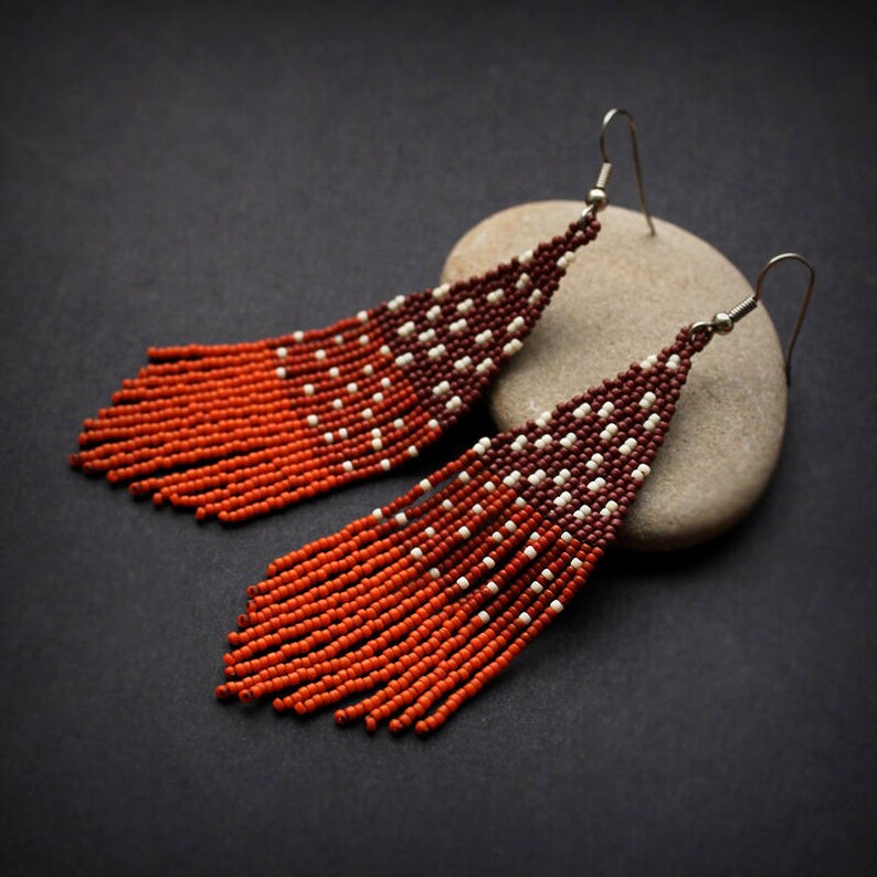 Long brown seed bead earrings Unusual beaded fringe earrings Cute dangle earrings for women Unique modern jewelry Nature inspired earrings