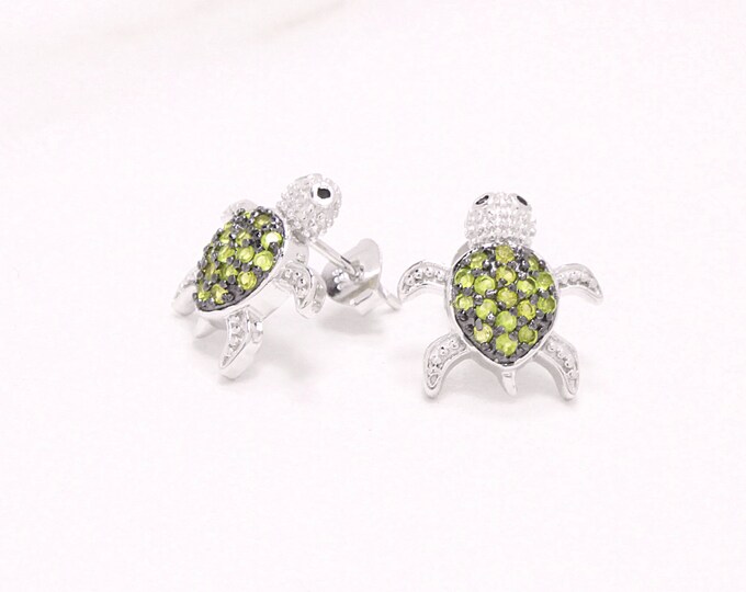 Green Turtle Stud Earrings, CZ Turtle Earrings, Silver Animal Studs