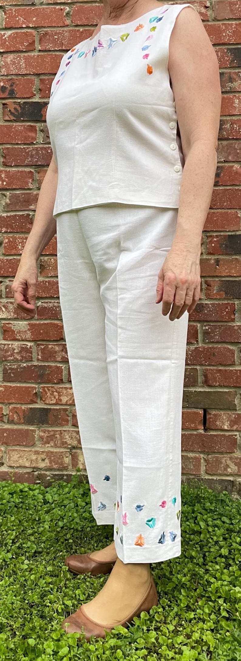 White Hand Embroidered Linen Pants