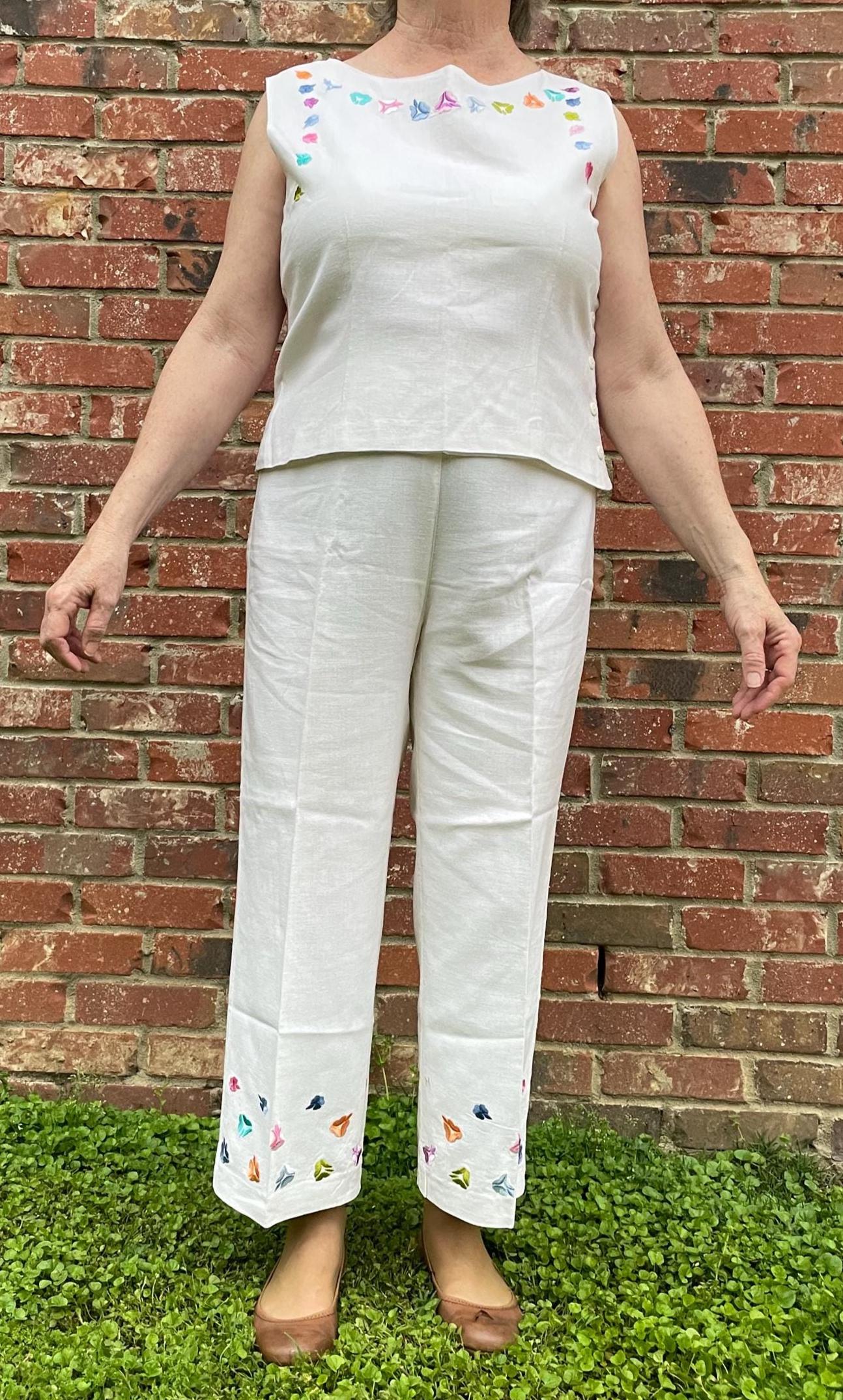 White Designer Readymade Pant Suit With Printed Embroidery Work main image 1