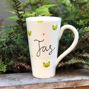 Personalised Frog Mug, name mug, frog design, handpainted pottery, birthday gift mug Latte