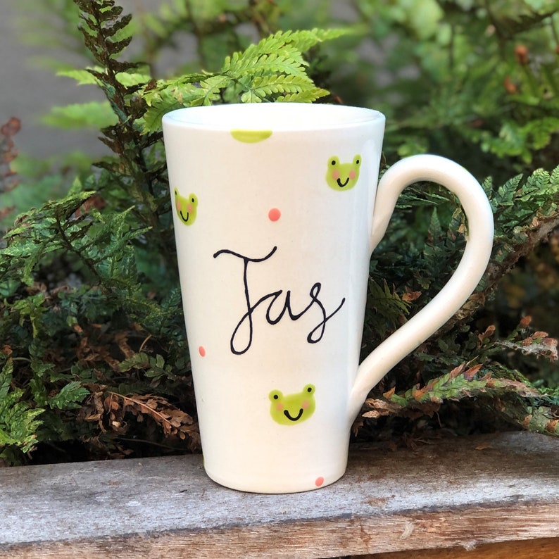 Personalised Frog Mug, name mug, frog design, handpainted pottery, birthday gift mug Latte