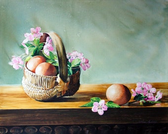 Miniature Basket with Eggs and Apple Blossoms