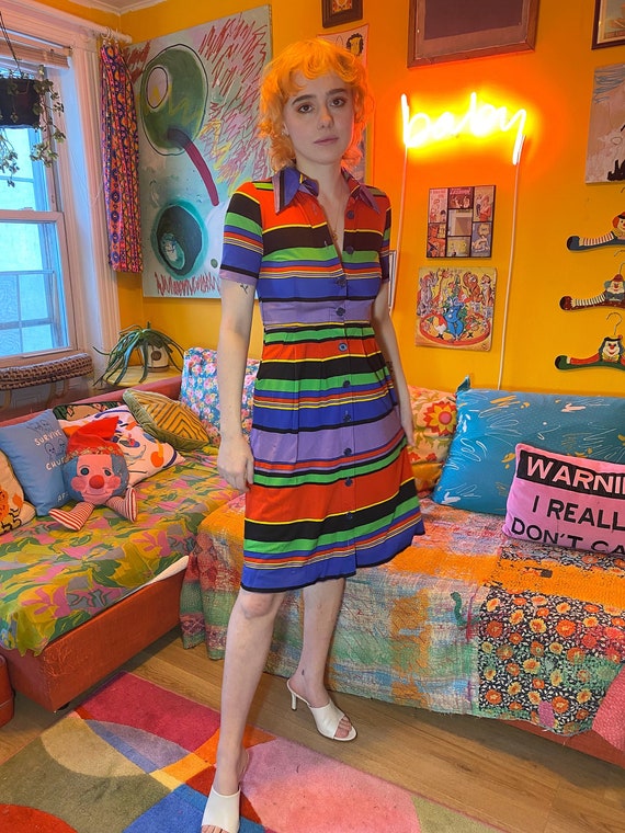 Vintage 80s Rainbow Striped Mid Length Button Up D