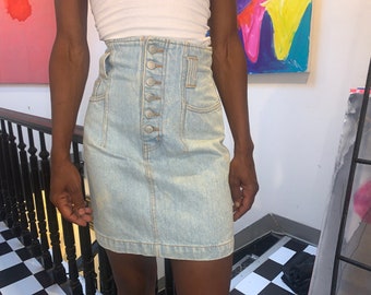 80s High Rise Vintage Mini Skirt Button Up Light Wash/Acid Wash Denim JORDACHE Basics