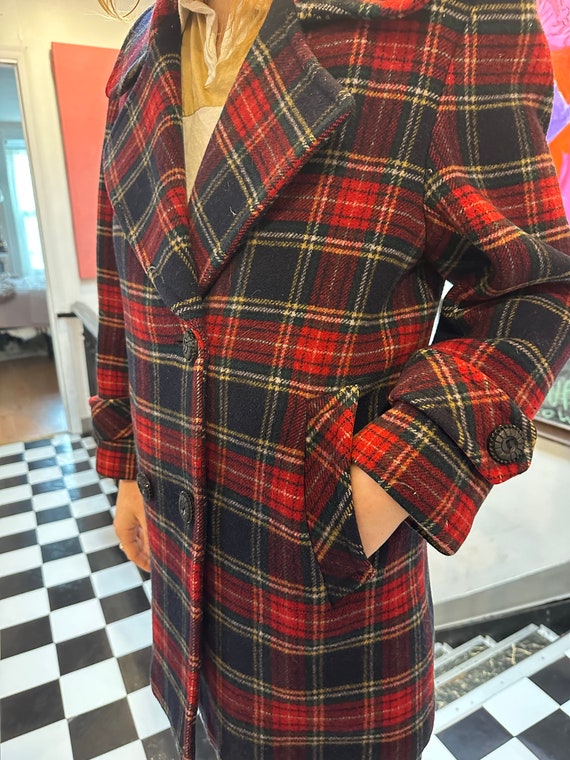 90s Red Plaid Genuine Wool Italian Peacoat Double… - image 5