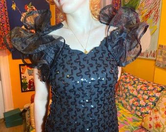 INSANE 80s/90s Mermaid Sequin/Tulle PUNK Party Micro Mini Dress with Open Back - Size Small