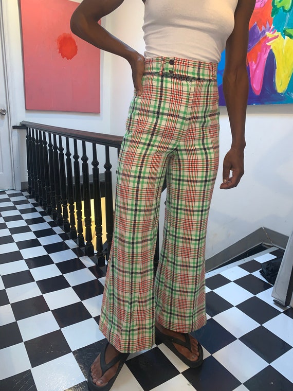 70s Wool High Waisted Bell Bottoms - Lime Green/Re