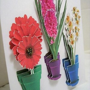 May include: Three paper flowers in pots, a red gerbera daisy, a pink hyacinth, and a white flower with yellow centers. The pots are green, purple, and blue.