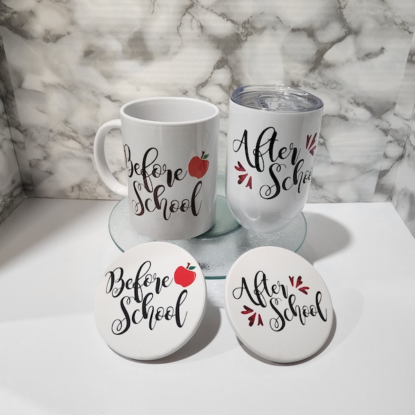 Teacher gift - Before school/after school/work coffee mug and wine glass set