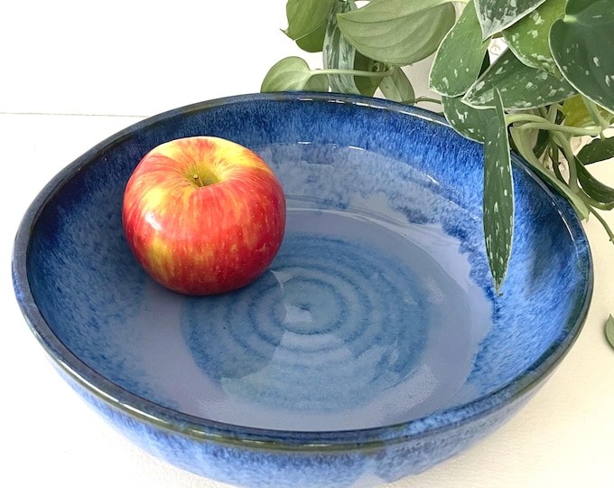 Shallow Serving Bowl: Handmade Pottery Fruit Bowl, Indigo Blue Glaze