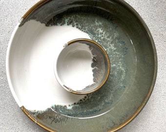 Handmade Ceramic Chip and Dip Platter, Unique Glaze Colors