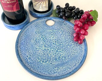 NEW Charcuterie Server in Blue Surf Glaze...dreamy to look at with matching wine bottle coasters...trending hit gift