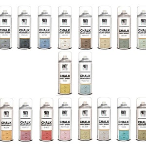 May include: An assortment of Pinty Plus chalk paint spray cans, each displaying the brand name and "CHALK PAINT SPRAY". The range includes colours like grey, blue, beige, brown, green, yellow, pink, and turquoise. Ideal for furniture upcycling and decorative projects.