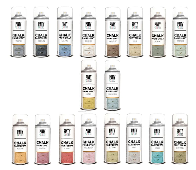 May include: An assortment of Pinty Plus chalk paint spray cans, each displaying the brand name and "CHALK PAINT SPRAY". The range includes colours like grey, blue, beige, brown, green, yellow, pink, and turquoise. Ideal for furniture upcycling and decorative projects.