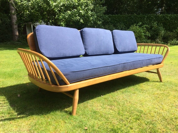 Ercol Blonde Vintage Daybed Studio Couch With New Navy Blue Etsy