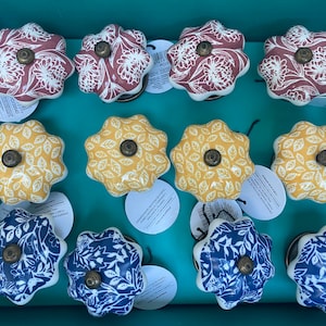 Flower Ceramic Door / Cabinet / Drawer Knobs - 3 Designs - Sold Individually - Yellow Blue Red