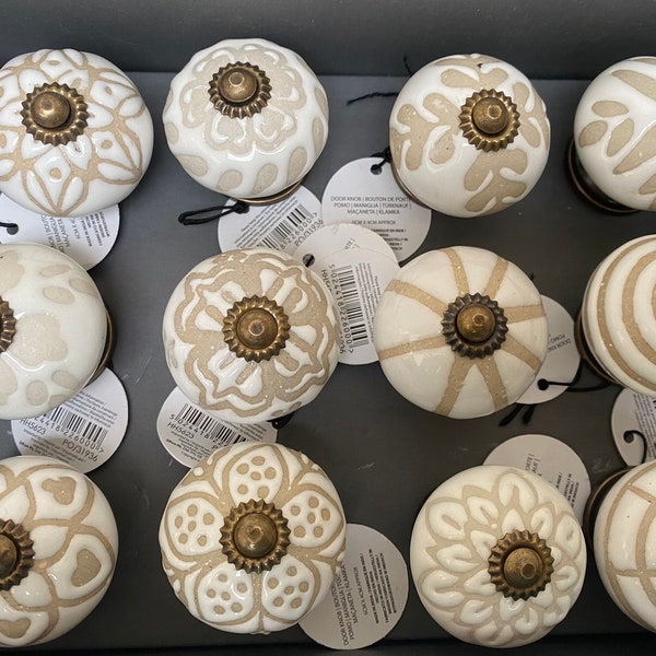 White & Beige Ceramic Decorative Door Knobs / Cabinet Knobs - Sold Seperately