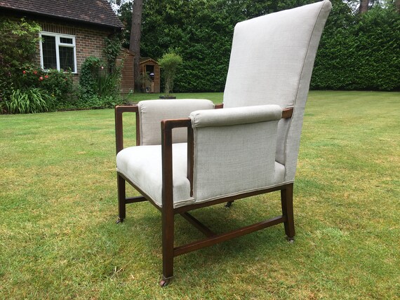 Vintage Antique Oak Reupholstered Armchair On Castors In Beige Etsy