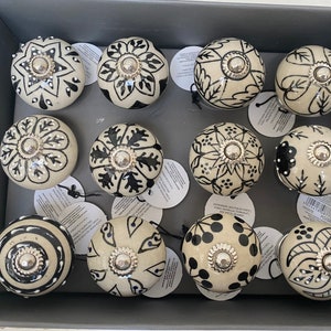 Black & Cream Patterned Ceramic Door Knobs / Cabinet Knobs